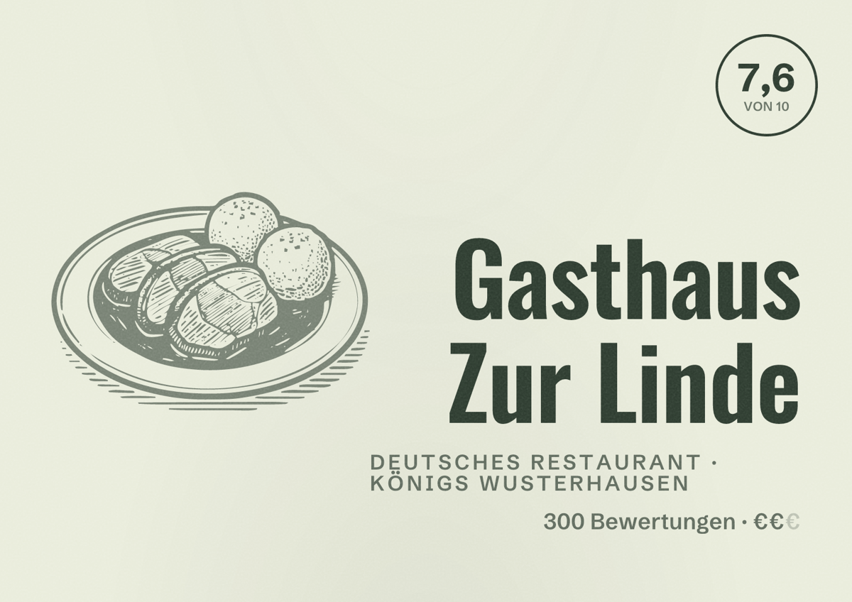 Illustriertes Poster von Gasthaus Zur Linde, Deutsches Restaurant in Königs Wusterhausen: Bewertung 7,6 von 10 aus 300 Bewertungen, Preisniveau €€