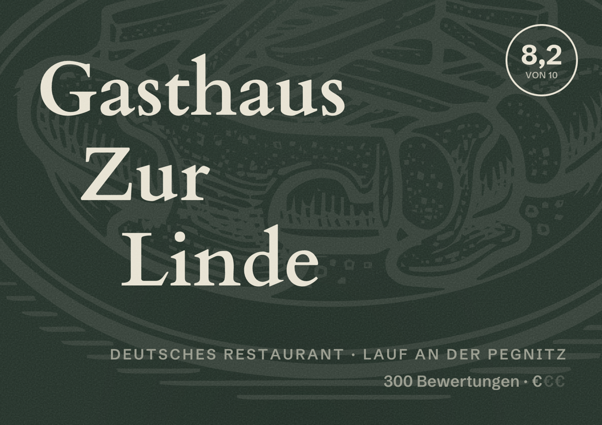 Illustriertes Poster von Gasthaus Zur Linde, Deutsches Restaurant in Lauf an der Pegnitz: Bewertung 8,2 von 10 aus 300 Bewertungen, Preisniveau €