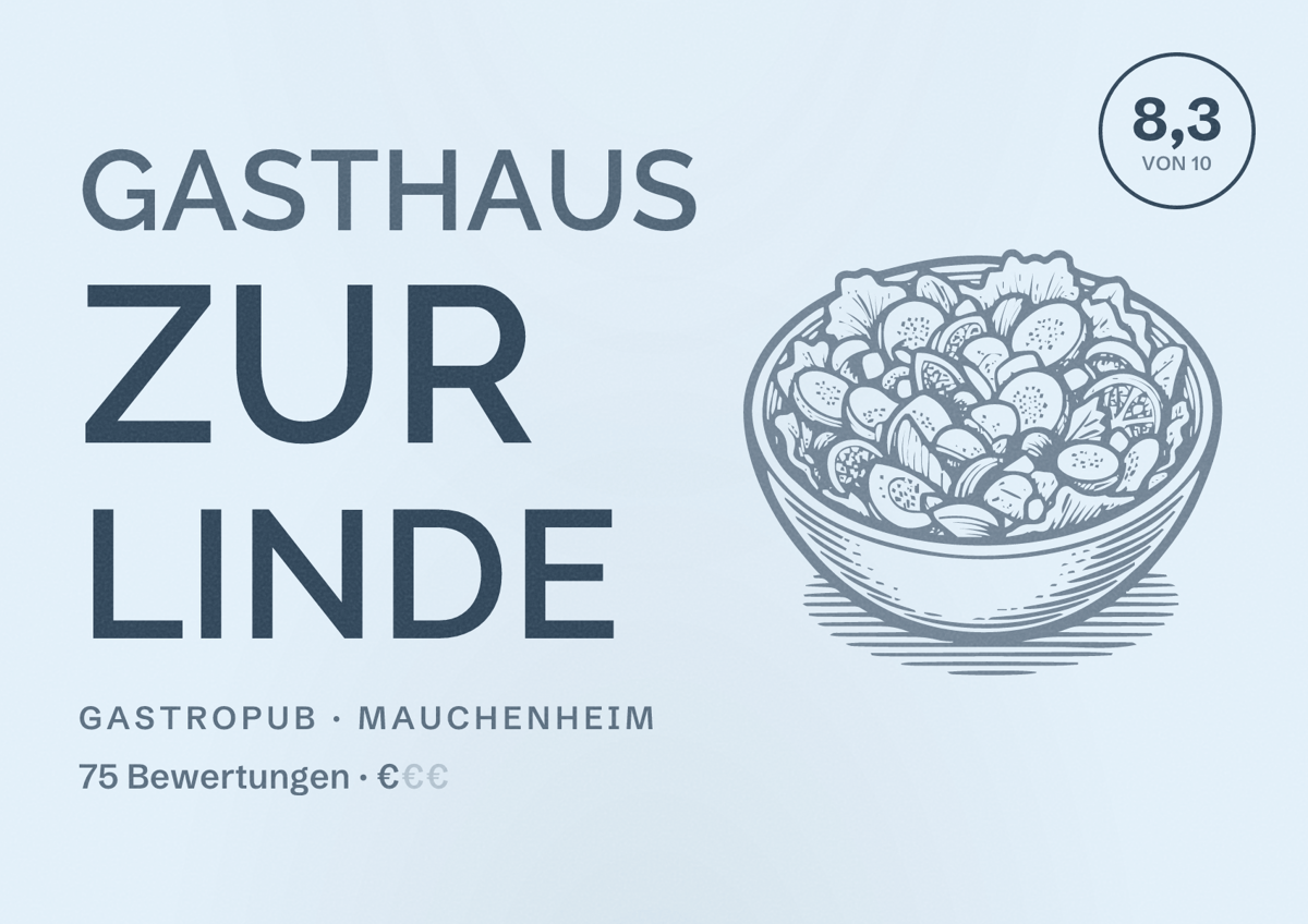 Illustriertes Poster von Gasthaus Zur Linde, Gastropub in Mauchenheim: Bewertung 8,3 von 10 aus 75 Bewertungen, Preisniveau €
