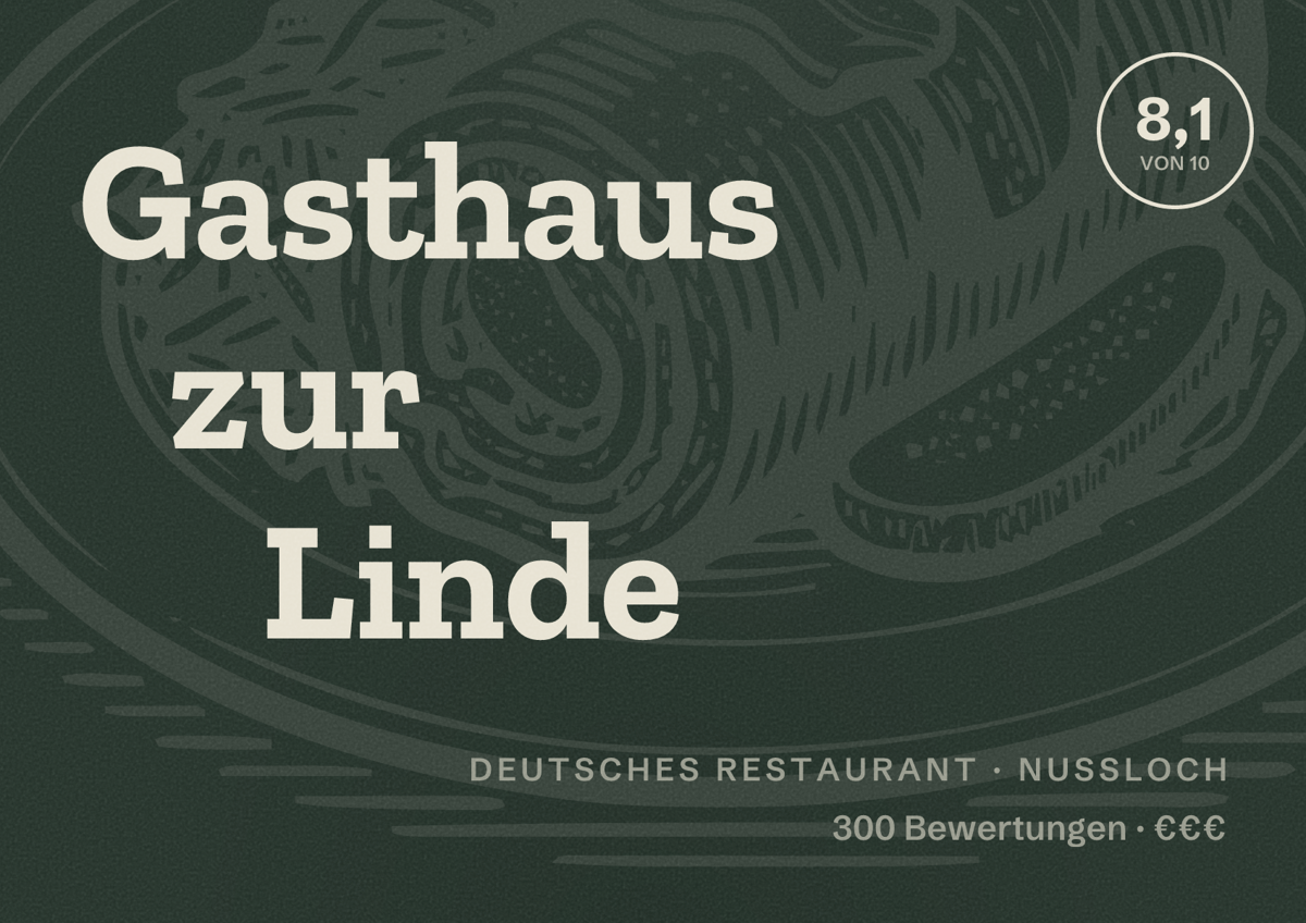Illustriertes Poster von Gasthaus zur Linde, Deutsches Restaurant in Nußloch: Bewertung 8,1 von 10 aus 300 Bewertungen, Preisniveau €€€