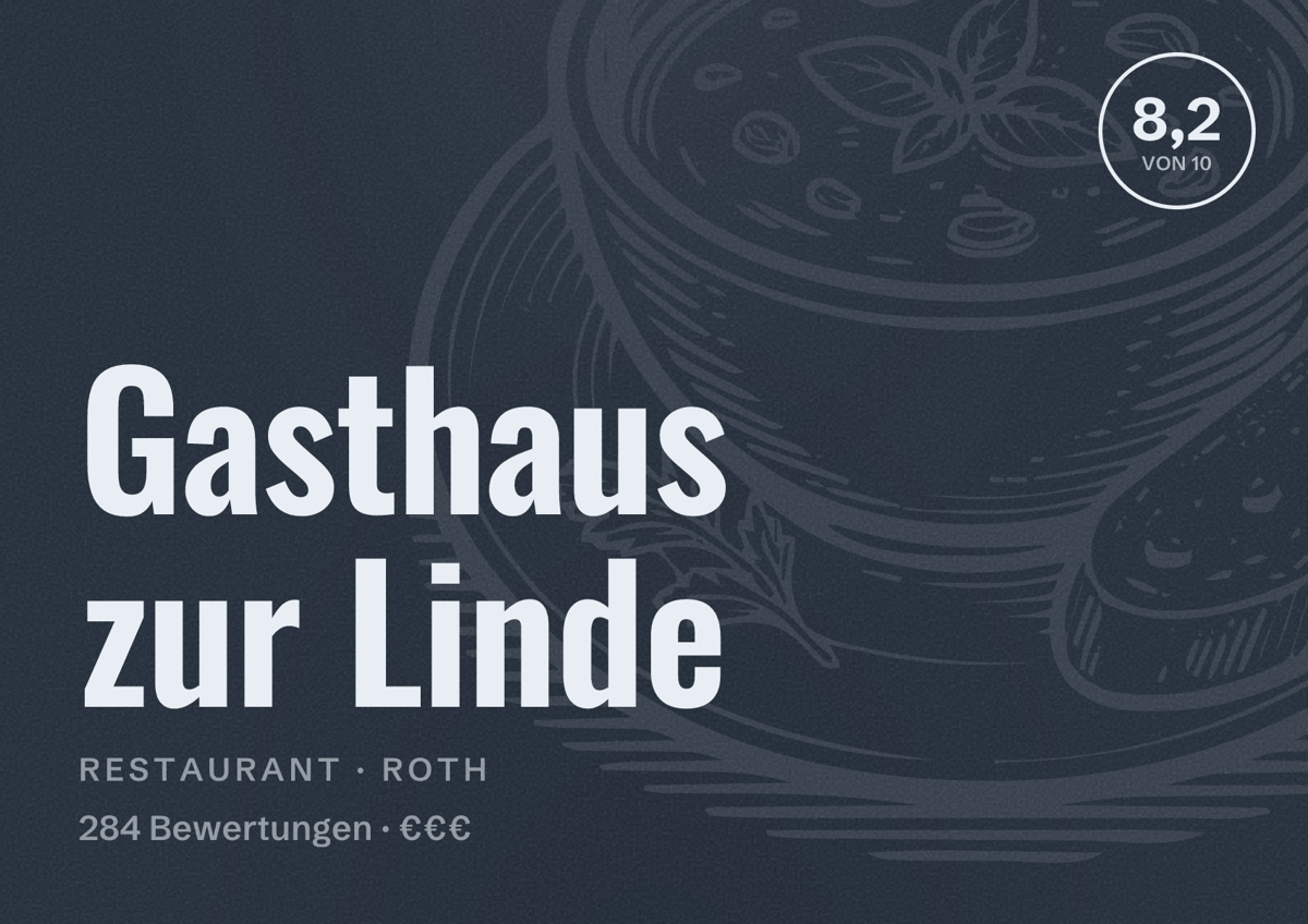 Illustriertes Poster von Gasthaus zur Linde, Restaurant in Roth: Bewertung 8,2 von 10 aus 284 Bewertungen, Preisniveau €€€