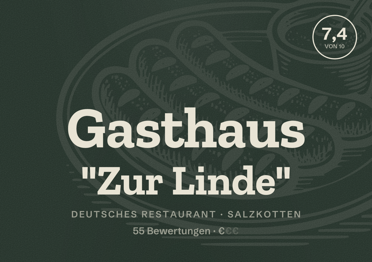 Illustriertes Poster von Gasthaus "Zur Linde", Deutsches Restaurant in Salzkotten: Bewertung 7,4 von 10 aus 55 Bewertungen, Preisniveau €