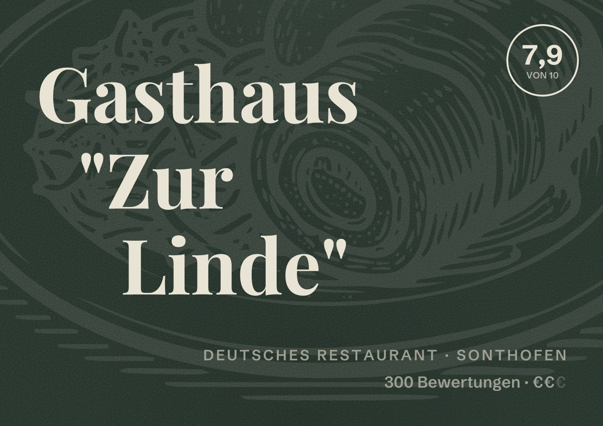 Illustriertes Poster von Gasthaus "Zur Linde", Deutsches Restaurant in Sonthofen: Bewertung 7,9 von 10 aus 300 Bewertungen, Preisniveau €€