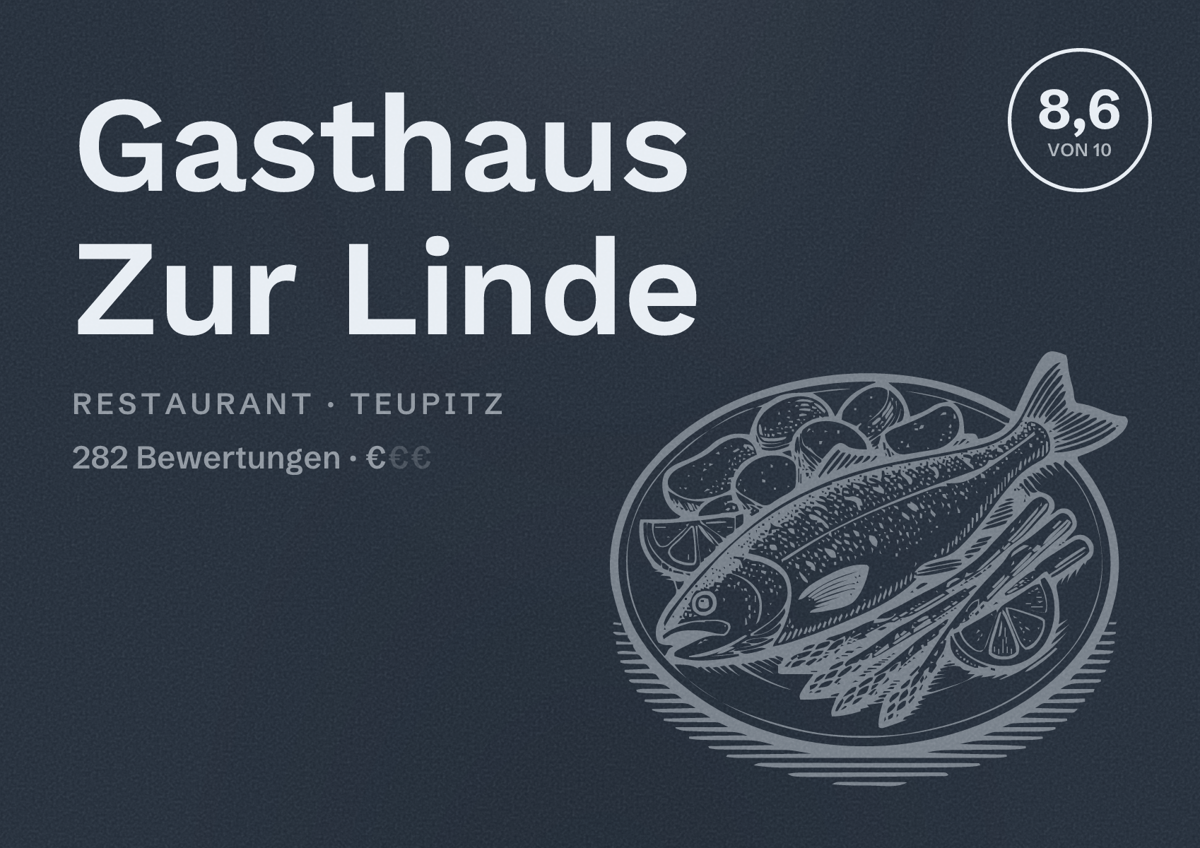 Illustriertes Poster von Gasthaus Zur Linde, Restaurant in Teupitz: Bewertung 8,6 von 10 aus 282 Bewertungen, Preisniveau €