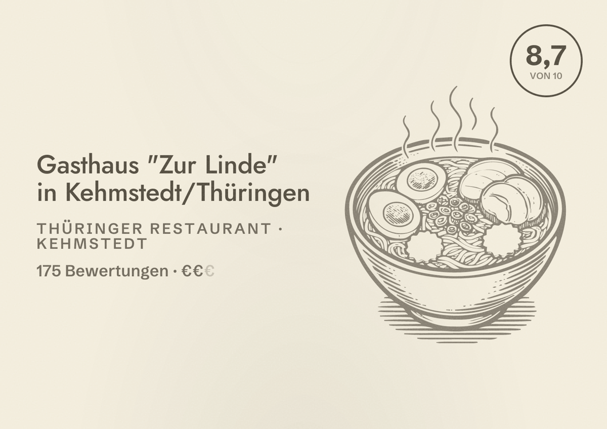Illustriertes Poster von Gasthaus "Zur Linde" in Kehmstedt/Thüringen, Thüringer Restaurant in Kehmstedt: Bewertung 8,7 von 10 aus 175 Bewertungen, Preisniveau €€
