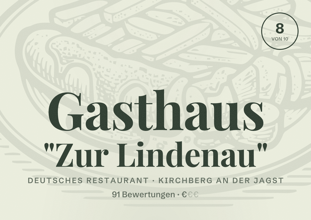 Illustriertes Poster von Gasthaus "Zur Lindenau", Deutsches Restaurant in Kirchberg an der Jagst: Bewertung 8 von 10 aus 91 Bewertungen, Preisniveau €