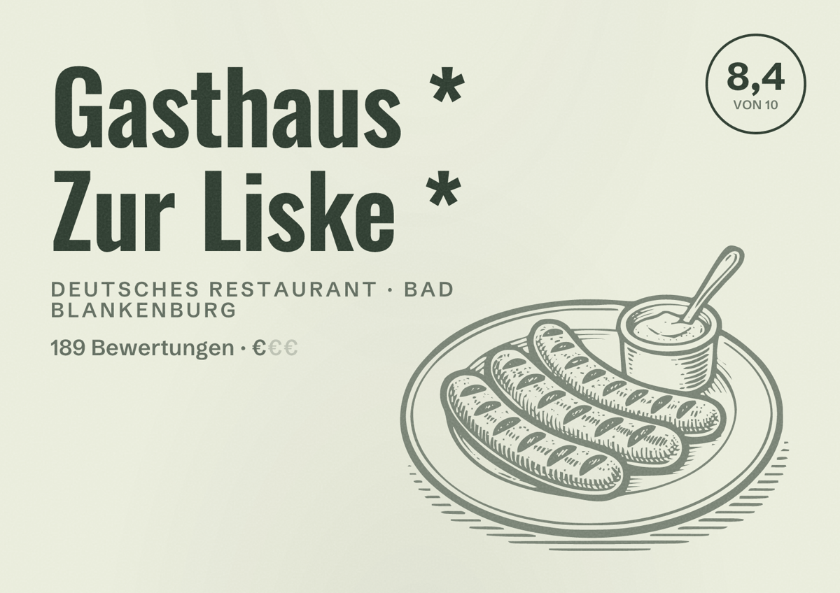 Illustriertes Poster von Gasthaus * Zur Liske *, Deutsches Restaurant in Bad Blankenburg: Bewertung 8,4 von 10 aus 189 Bewertungen, Preisniveau €