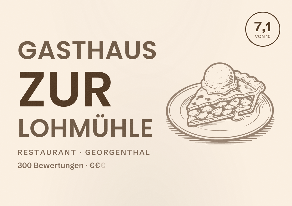 Illustriertes Poster von Gasthaus Zur Lohmühle, Restaurant in Georgenthal: Bewertung 7,1 von 10 aus 300 Bewertungen, Preisniveau €€