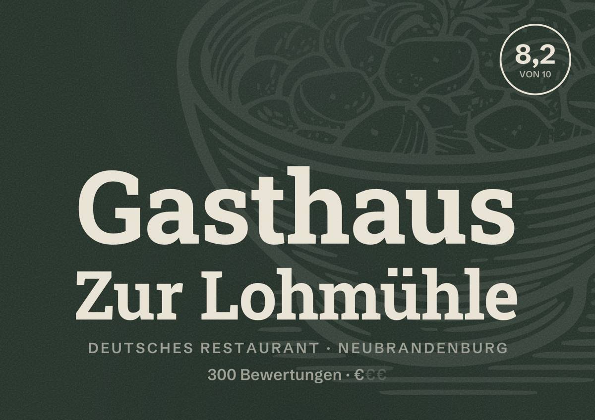 Illustriertes Poster von Gasthaus Zur Lohmühle, Deutsches Restaurant in Neubrandenburg: Bewertung 8,2 von 10 aus 300 Bewertungen, Preisniveau €