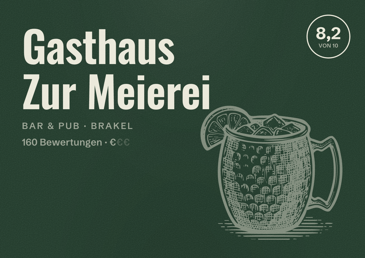 Illustriertes Poster von Gasthaus Zur Meierei, Bar & Pub in Brakel: Bewertung 8,2 von 10 aus 160 Bewertungen, Preisniveau €