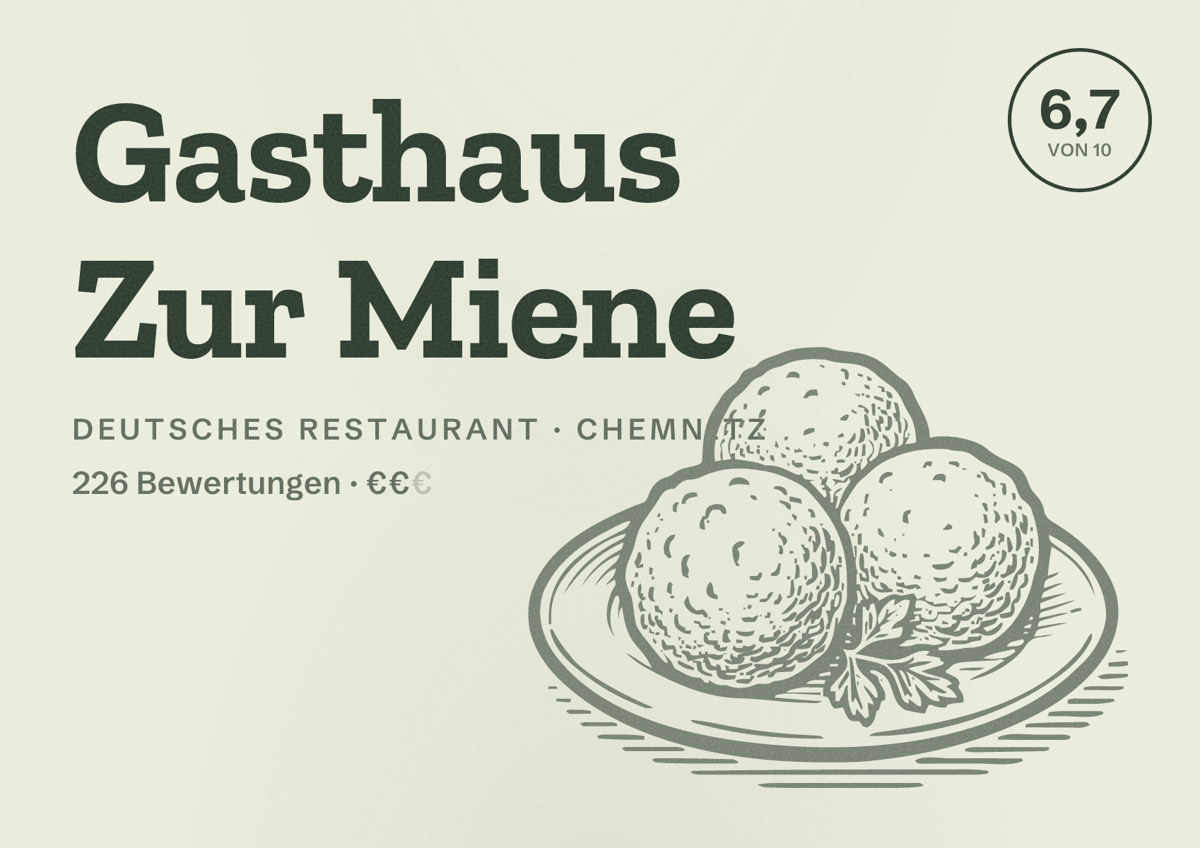 Illustriertes Poster von Gasthaus Zur Miene, Deutsches Restaurant in Chemnitz: Bewertung 6,7 von 10 aus 226 Bewertungen, Preisniveau €€