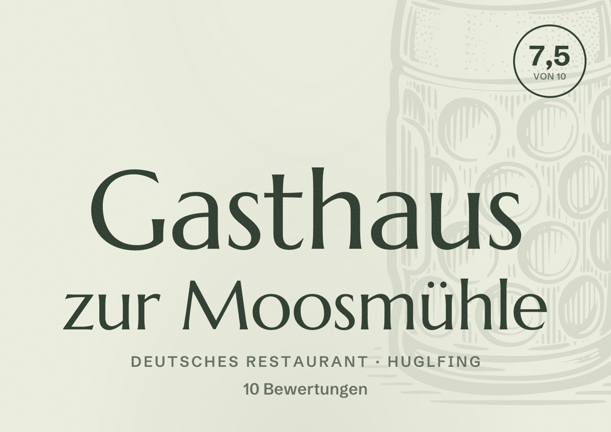 Illustriertes Poster von Gasthaus zur Moosmühle, Deutsches Restaurant in Huglfing: Bewertung 7,5 von 10 aus 10 Bewertungen