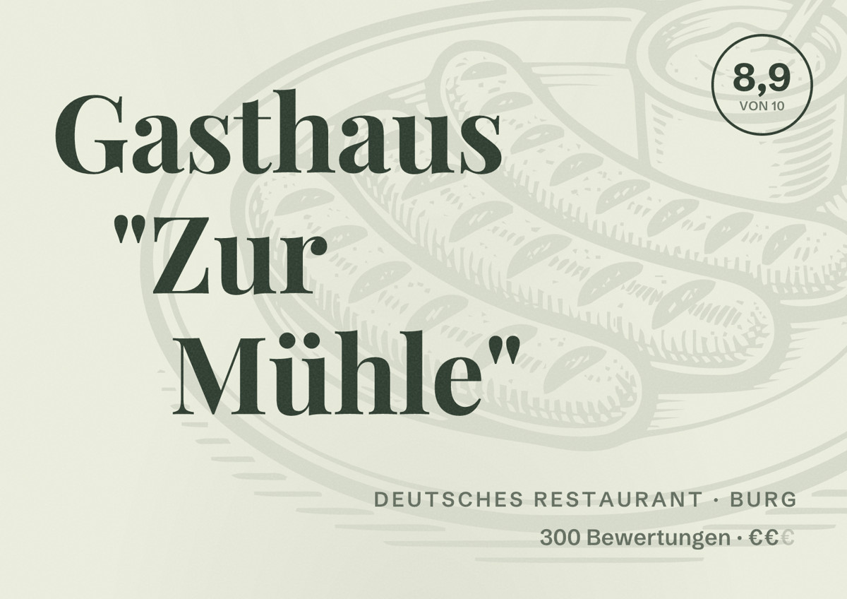 Illustriertes Poster von Gasthaus "Zur Mühle", Deutsches Restaurant in Burg: Bewertung 8,9 von 10 aus 300 Bewertungen, Preisniveau €€