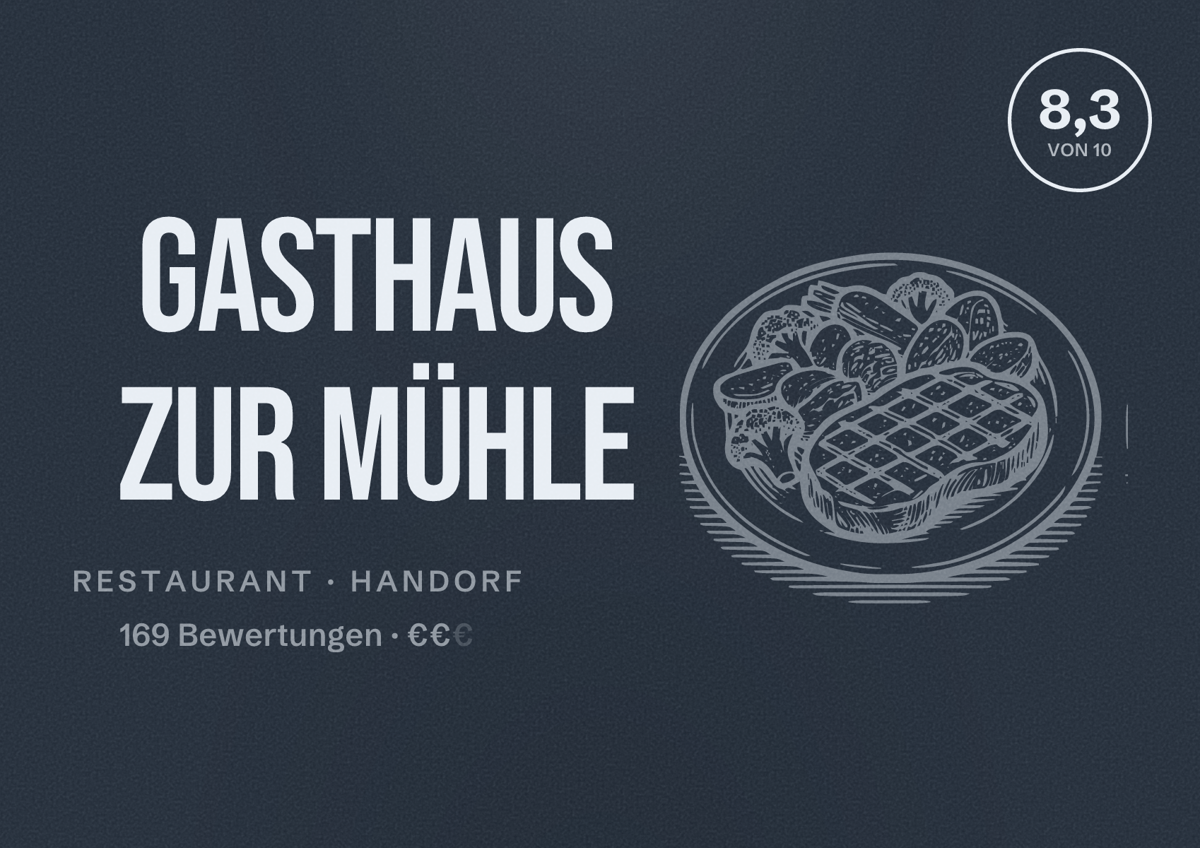 Illustriertes Poster von Gasthaus Zur Mühle, Restaurant in Handorf: Bewertung 8,3 von 10 aus 169 Bewertungen, Preisniveau €€