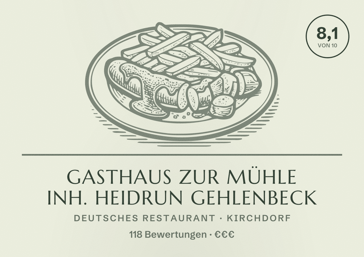 Illustriertes Poster von Gasthaus Zur Mühle Inh. Heidrun Gehlenbeck, Deutsches Restaurant in Kirchdorf: Bewertung 8,1 von 10 aus 118 Bewertungen, Preisniveau €€€