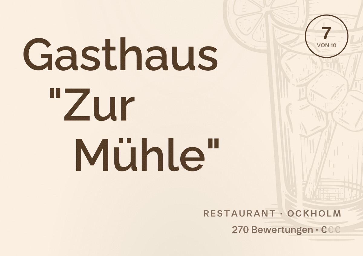 Illustriertes Poster von Gasthaus "Zur Mühle", Restaurant in Ockholm: Bewertung 7 von 10 aus 270 Bewertungen, Preisniveau €