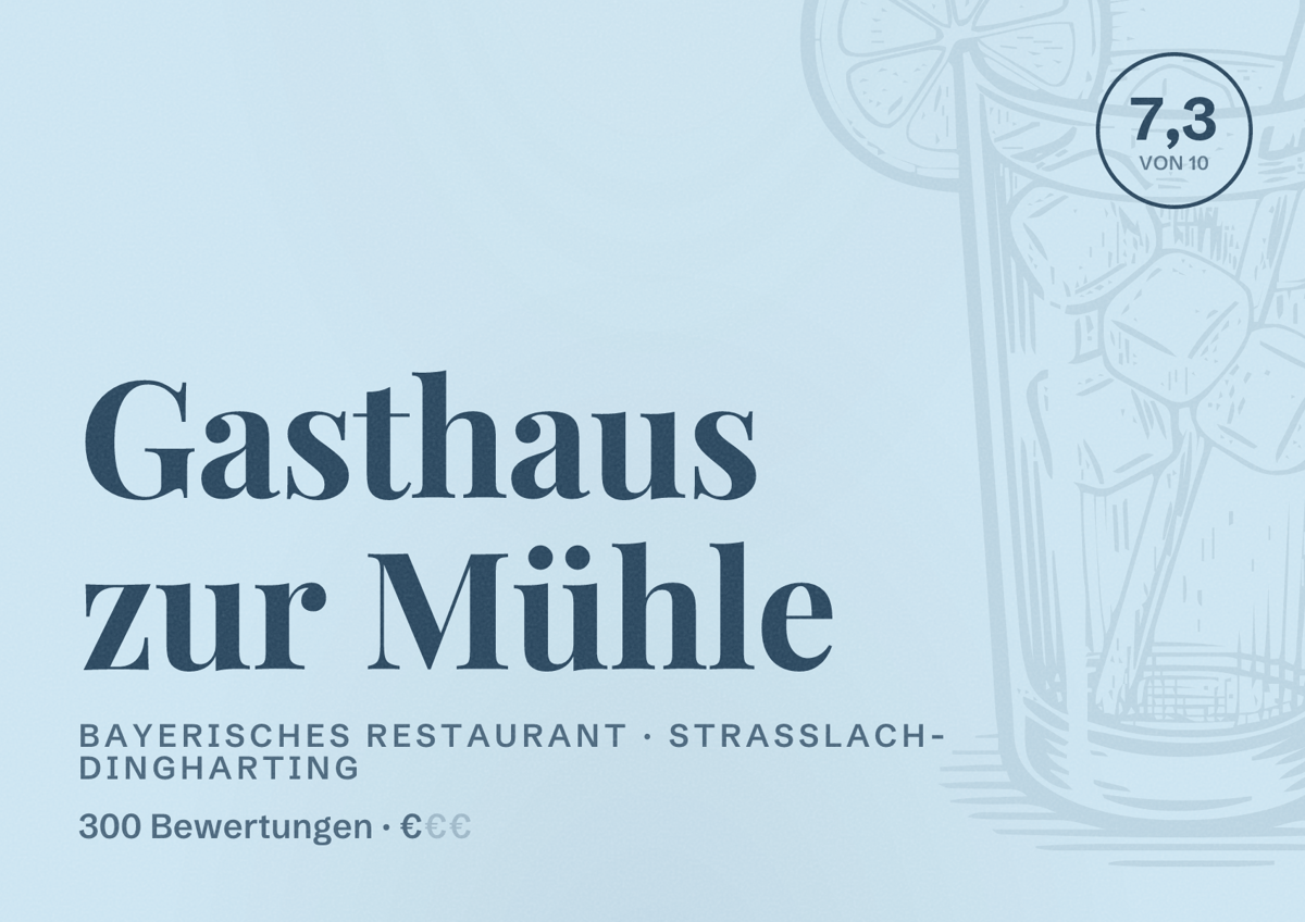 Illustriertes Poster von Gasthaus zur Mühle, Bayerisches Restaurant in Straßlach-Dingharting: Bewertung 7,3 von 10 aus 300 Bewertungen, Preisniveau €