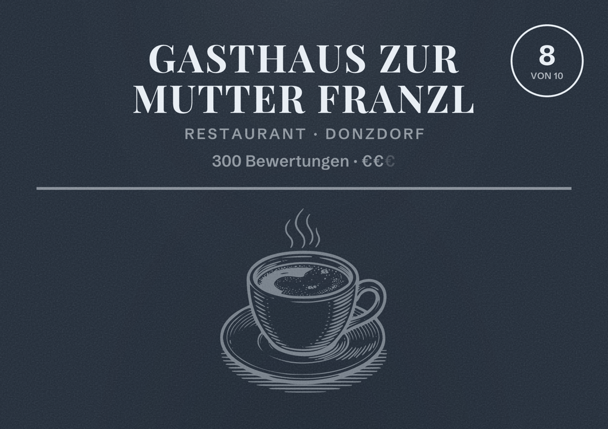Illustriertes Poster von Gasthaus zur Mutter Franzl, Restaurant in Donzdorf: Bewertung 8 von 10 aus 300 Bewertungen, Preisniveau €€