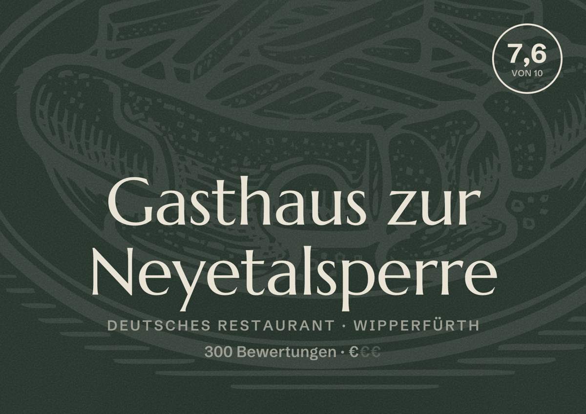 Illustriertes Poster von Gasthaus zur Neyetalsperre, Deutsches Restaurant in Wipperfürth: Bewertung 7,6 von 10 aus 300 Bewertungen, Preisniveau €