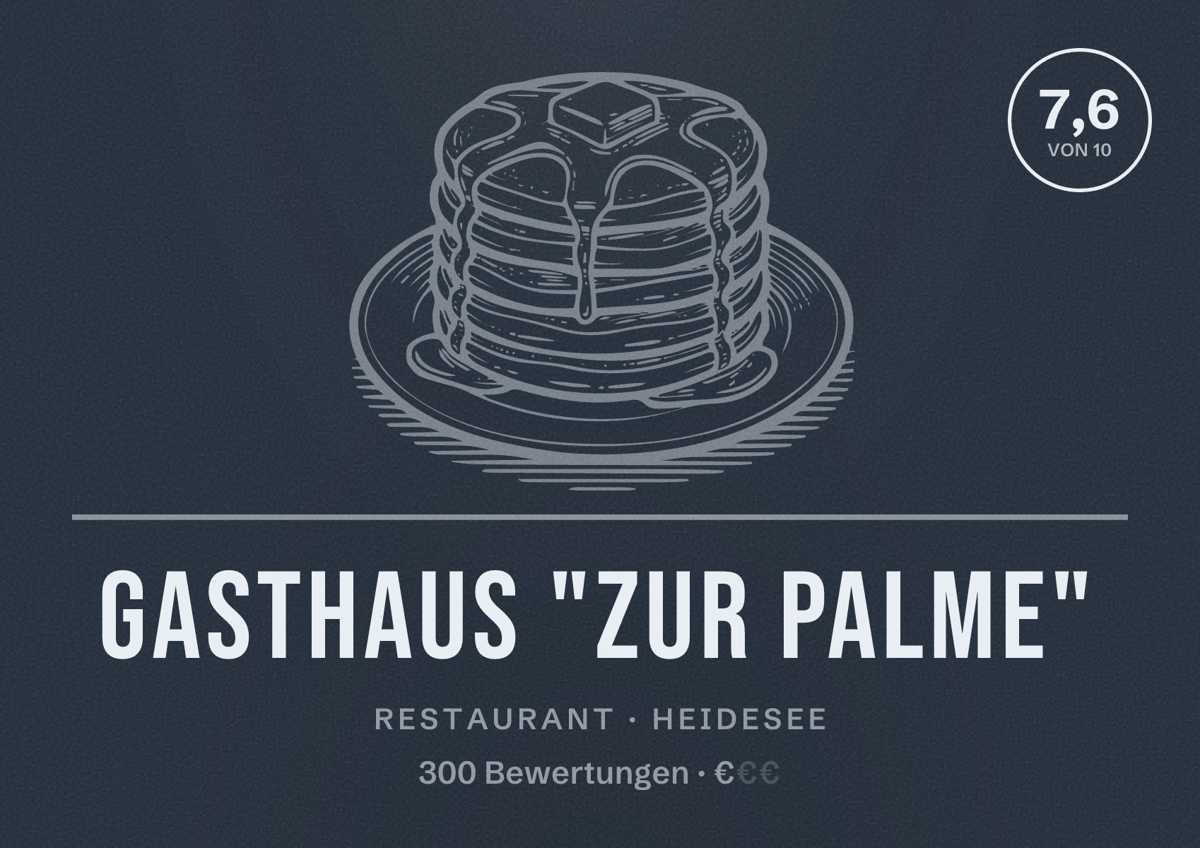 Illustriertes Poster von Gasthaus "Zur Palme", Restaurant in Heidesee: Bewertung 7,6 von 10 aus 300 Bewertungen, Preisniveau €