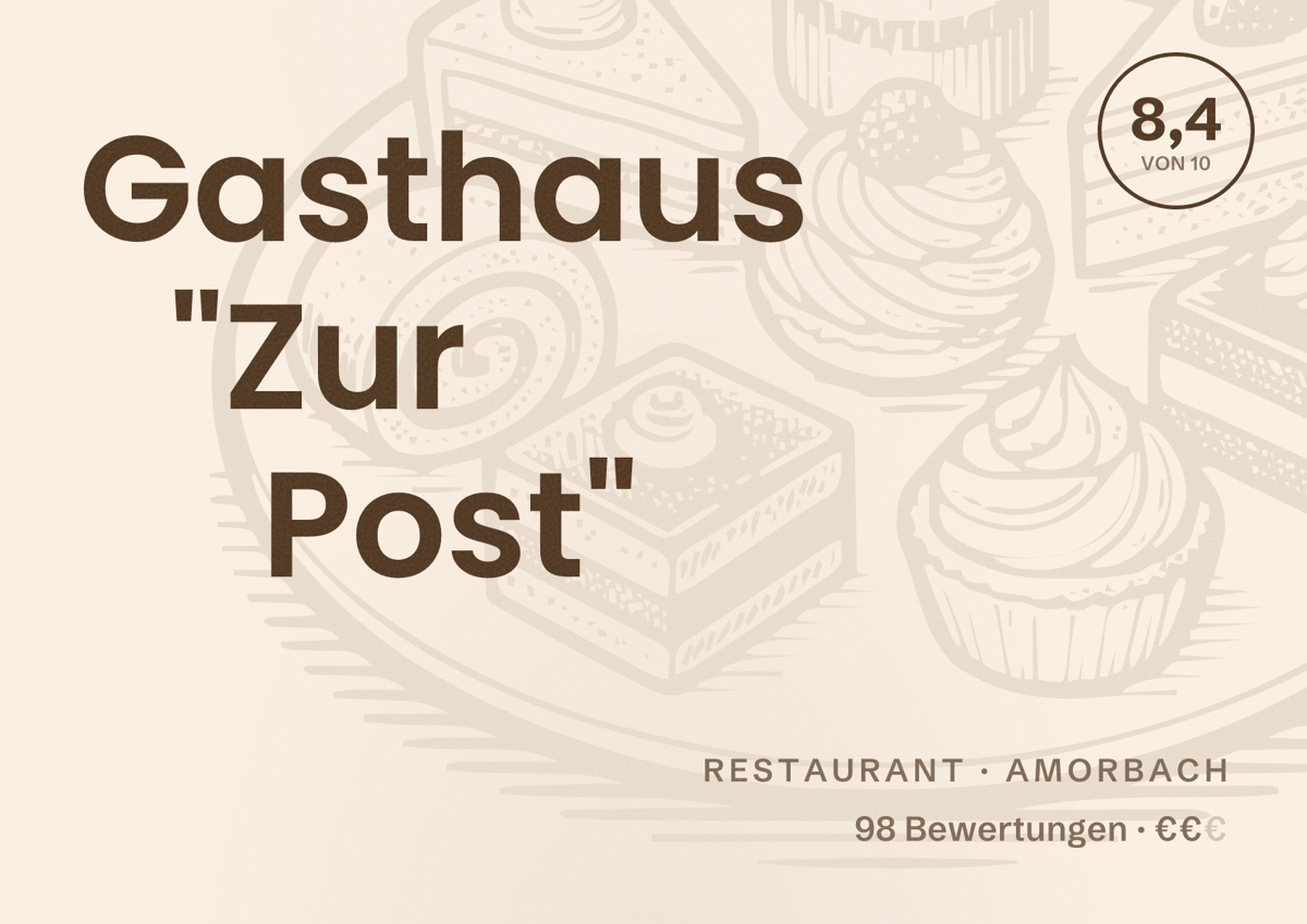 Illustriertes Poster von Gasthaus "Zur Post", Restaurant in Amorbach: Bewertung 8,4 von 10 aus 98 Bewertungen, Preisniveau €€