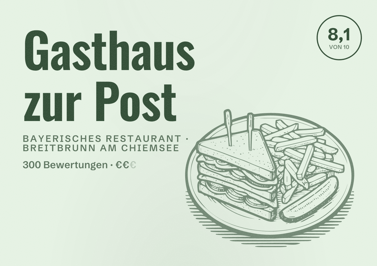 Illustriertes Poster von Gasthaus zur Post, Bayerisches Restaurant in Breitbrunn am Chiemsee: Bewertung 8,1 von 10 aus 300 Bewertungen, Preisniveau €€