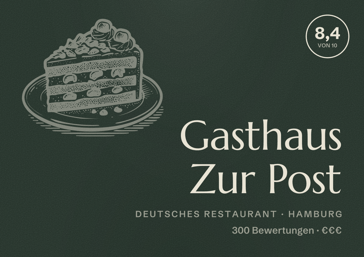 Illustriertes Poster von Gasthaus Zur Post, Deutsches Restaurant in Hamburg: Bewertung 8,4 von 10 aus 300 Bewertungen, Preisniveau €€€