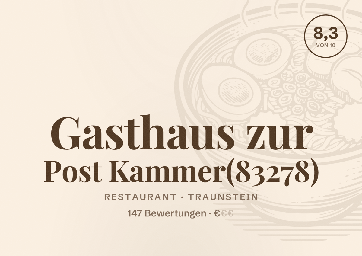Illustriertes Poster von Gasthaus zur Post Kammer(83278), Restaurant in Traunstein: Bewertung 8,3 von 10 aus 147 Bewertungen, Preisniveau €