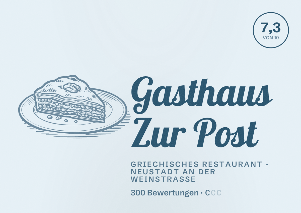 Illustriertes Poster von Gasthaus Zur Post, Griechisches Restaurant in Neustadt an der Weinstraße: Bewertung 7,3 von 10 aus 300 Bewertungen, Preisniveau €