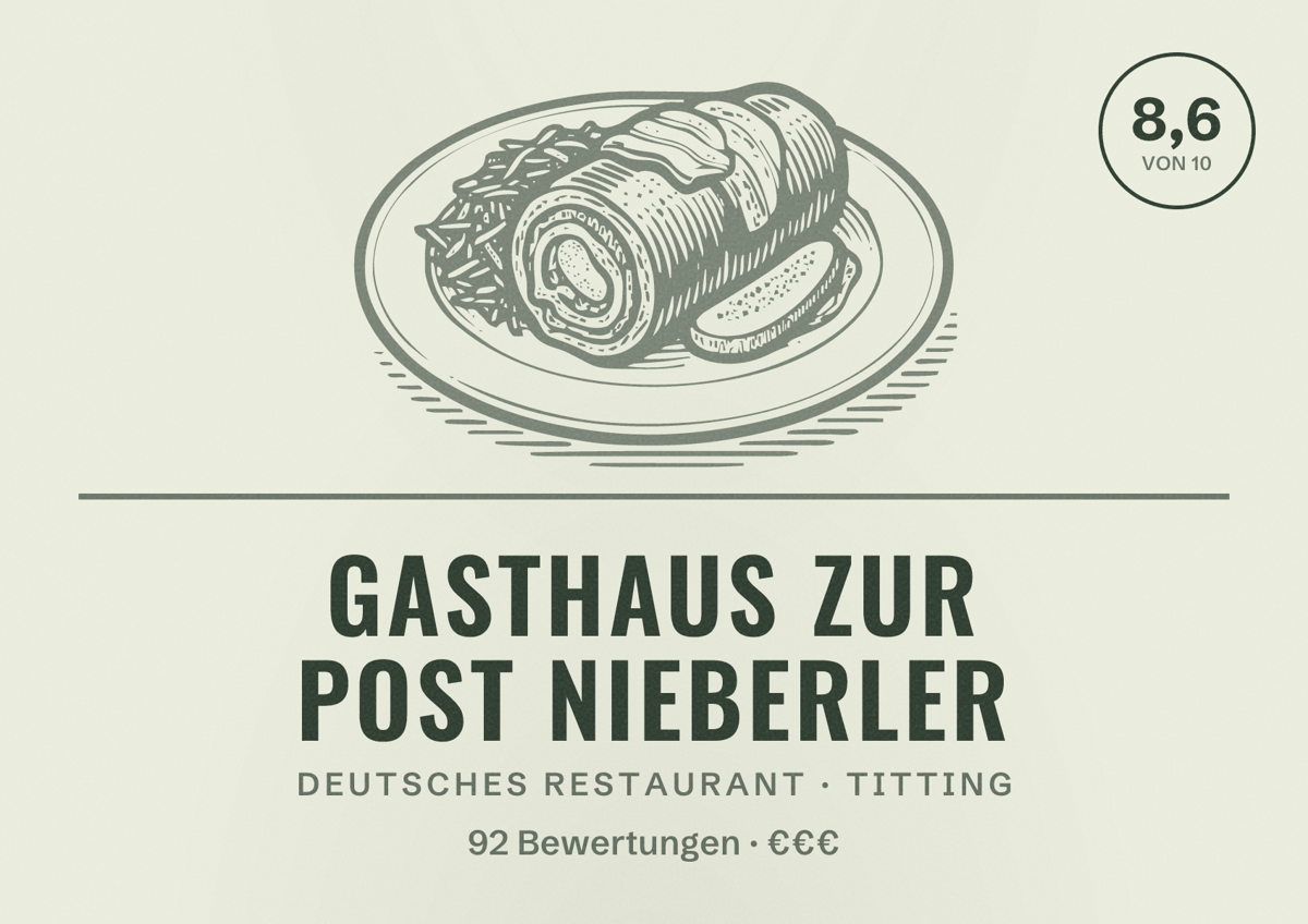 Illustriertes Poster von Gasthaus zur Post Nieberler, Deutsches Restaurant in Titting: Bewertung 8,6 von 10 aus 92 Bewertungen, Preisniveau €€€