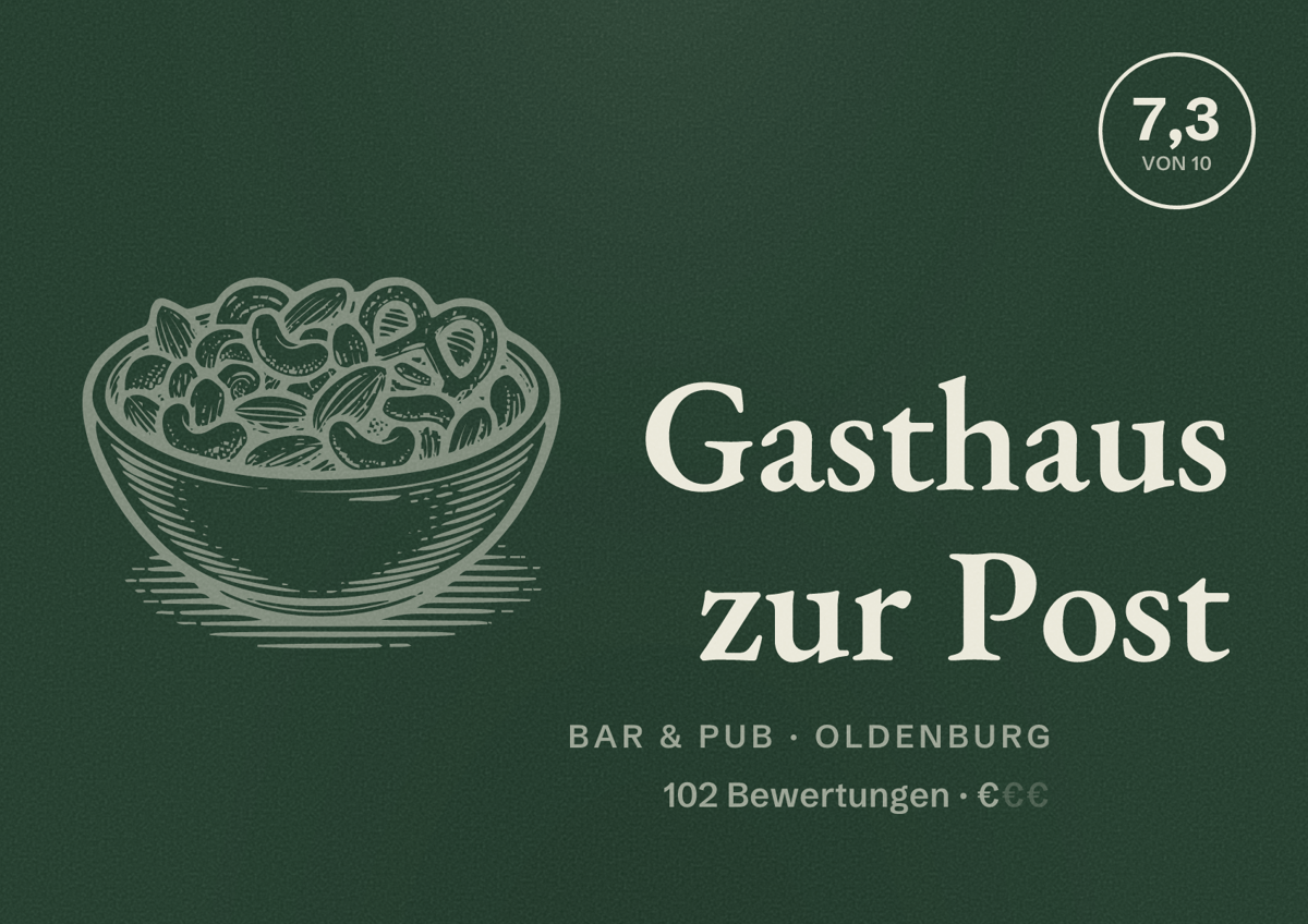 Illustriertes Poster von Gasthaus zur Post, Bar & Pub in Oldenburg: Bewertung 7,3 von 10 aus 102 Bewertungen, Preisniveau €