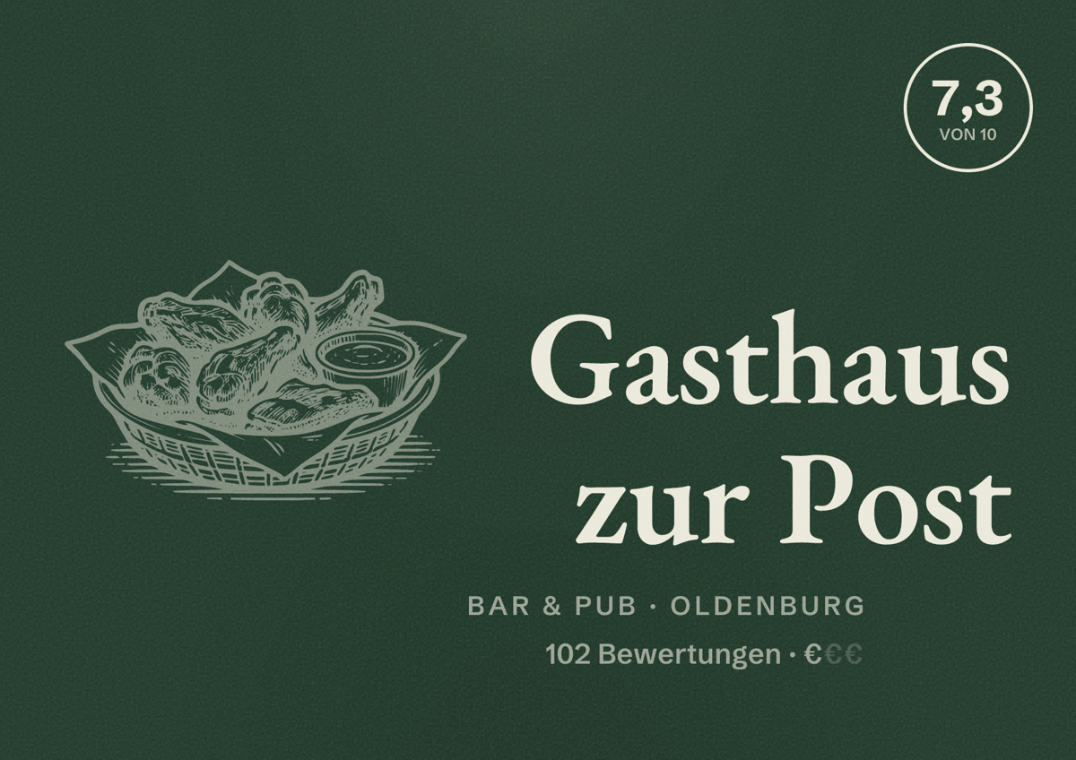 Illustriertes Poster von Gasthaus zur Post, Bar & Pub in Oldenburg: Bewertung 7,3 von 10 aus 102 Bewertungen, Preisniveau €