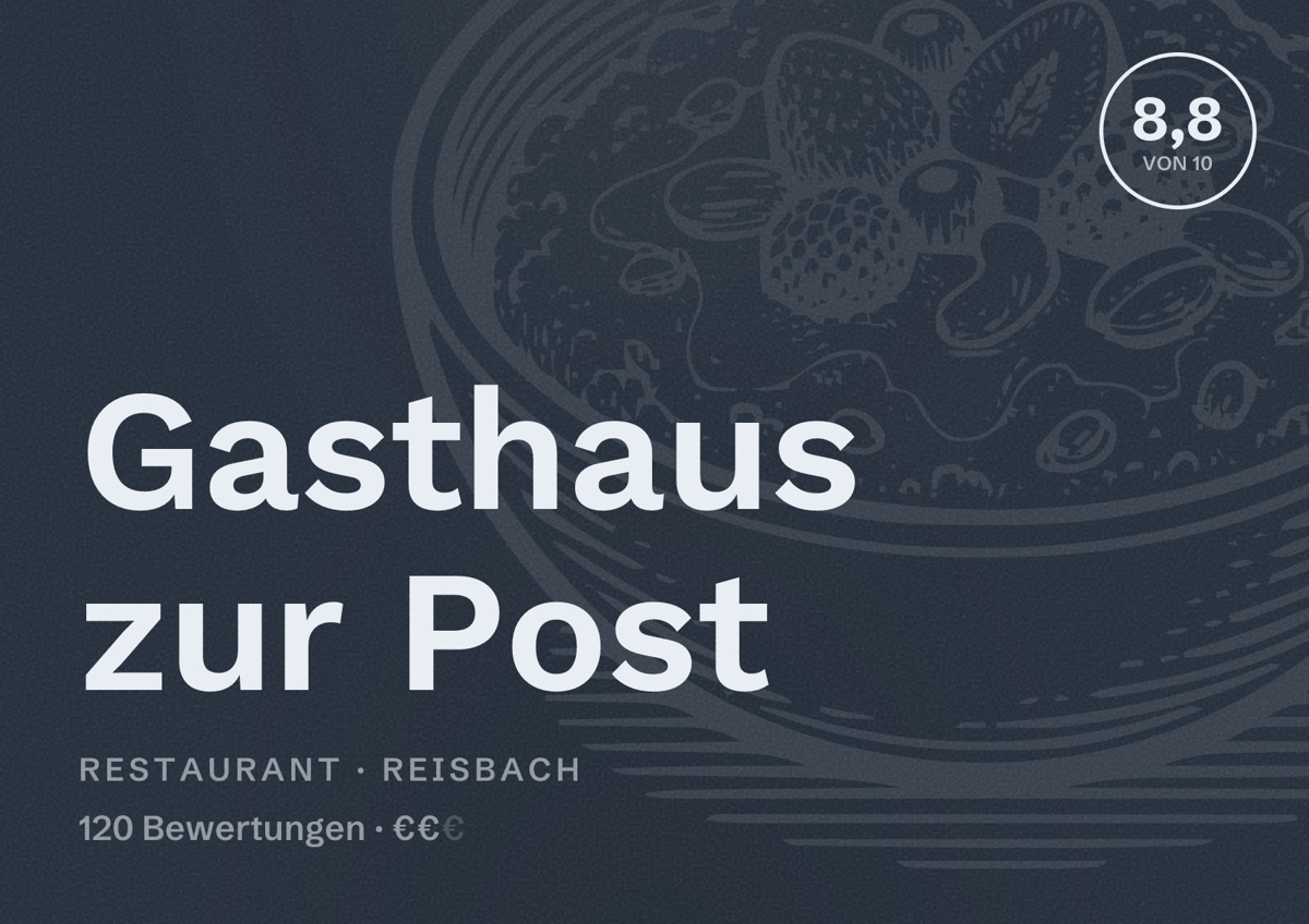 Illustriertes Poster von Gasthaus zur Post, Restaurant in Reisbach: Bewertung 8,8 von 10 aus 120 Bewertungen, Preisniveau €€