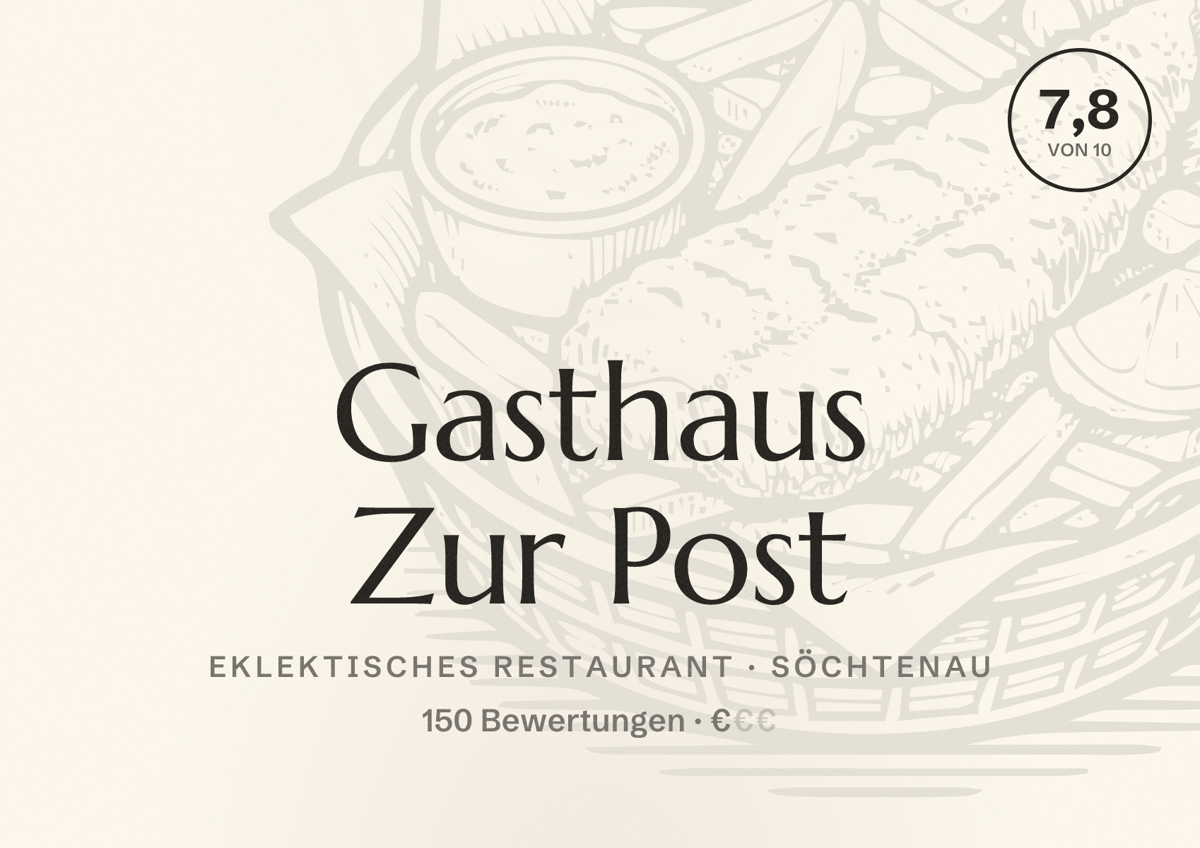 Illustriertes Poster von Gasthaus Zur Post, Eklektisches Restaurant in Söchtenau: Bewertung 7,8 von 10 aus 150 Bewertungen, Preisniveau €