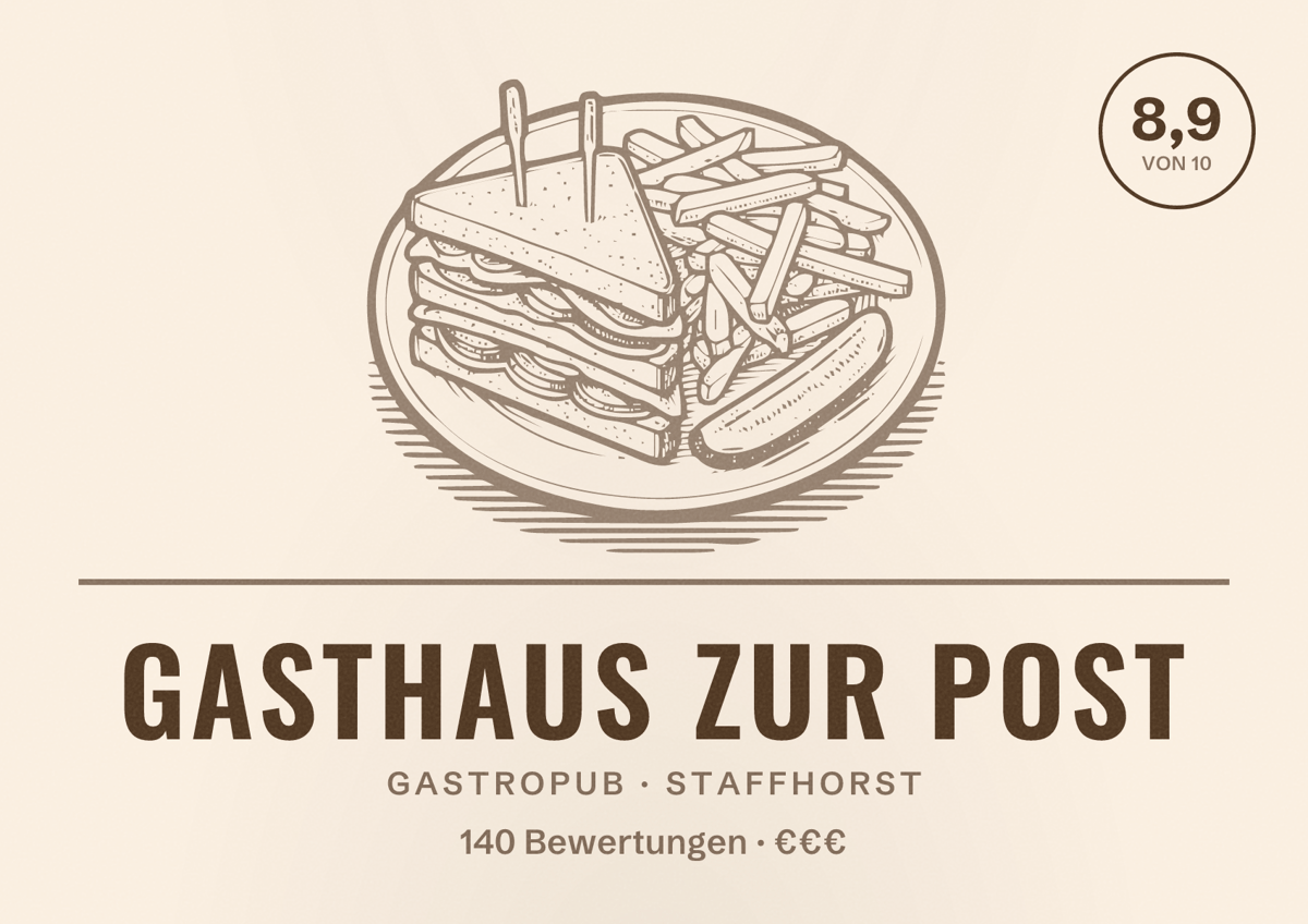 Illustriertes Poster von Gasthaus zur Post, Gastropub in Staffhorst: Bewertung 8,9 von 10 aus 140 Bewertungen, Preisniveau €€€