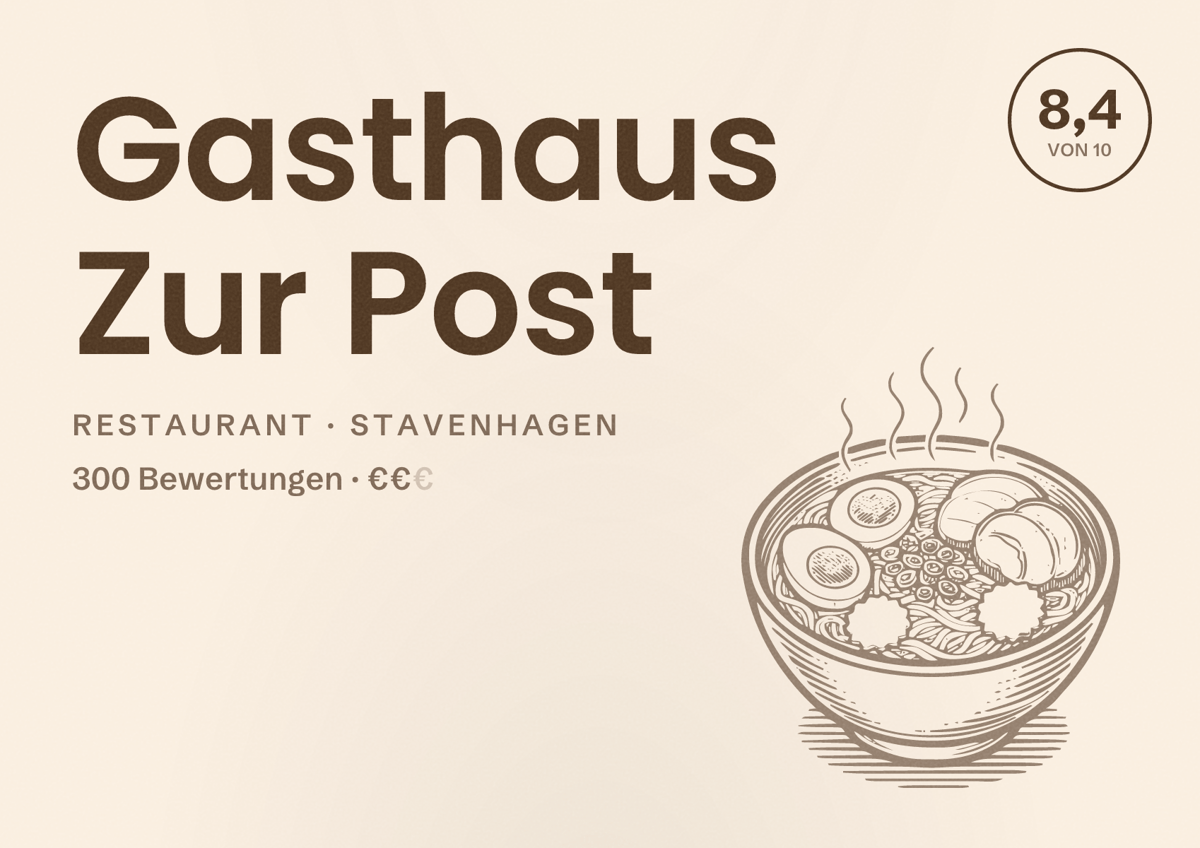 Illustriertes Poster von Gasthaus Zur Post, Restaurant in Stavenhagen: Bewertung 8,4 von 10 aus 300 Bewertungen, Preisniveau €€