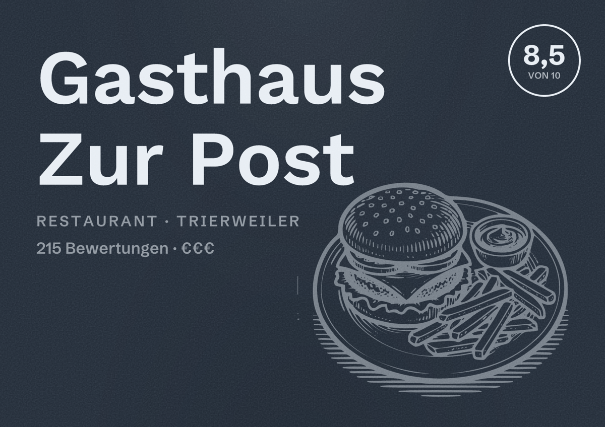 Illustriertes Poster von Gasthaus Zur Post, Restaurant in Trierweiler: Bewertung 8,5 von 10 aus 215 Bewertungen, Preisniveau €€€