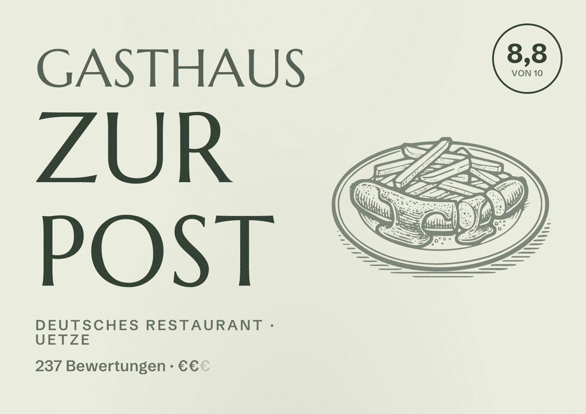 Illustriertes Poster von Gasthaus zur Post, Deutsches Restaurant in Uetze: Bewertung 8,8 von 10 aus 237 Bewertungen, Preisniveau €€