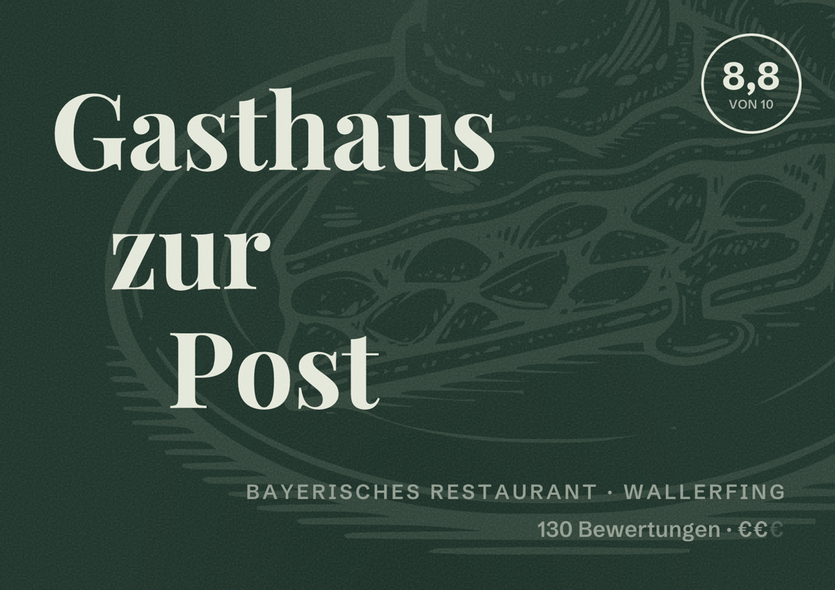Illustriertes Poster von Gasthaus zur Post, Bayerisches Restaurant in Wallerfing: Bewertung 8,8 von 10 aus 130 Bewertungen, Preisniveau €€