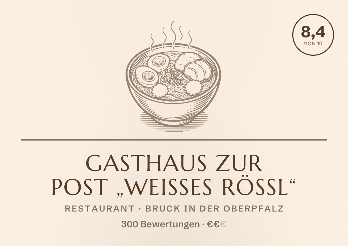 Illustriertes Poster von Gasthaus Zur Post „Weißes Rössl“, Restaurant in Bruck in der Oberpfalz: Bewertung 8,4 von 10 aus 300 Bewertungen, Preisniveau €€