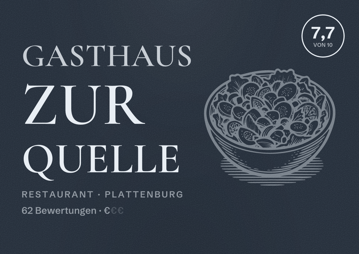 Illustriertes Poster von Gasthaus zur Quelle, Restaurant in Plattenburg: Bewertung 7,7 von 10 aus 62 Bewertungen, Preisniveau €