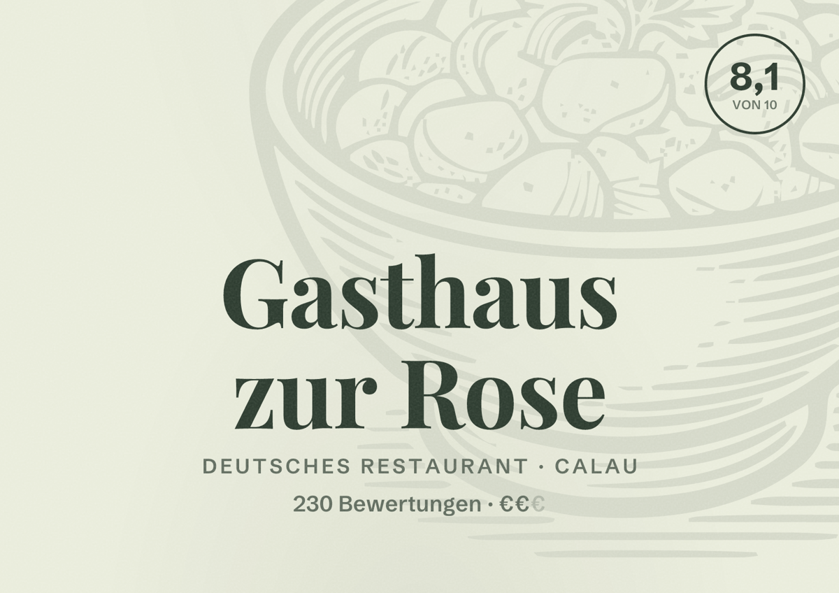 Illustriertes Poster von Gasthaus zur Rose, Deutsches Restaurant in Calau: Bewertung 8,1 von 10 aus 230 Bewertungen, Preisniveau €€