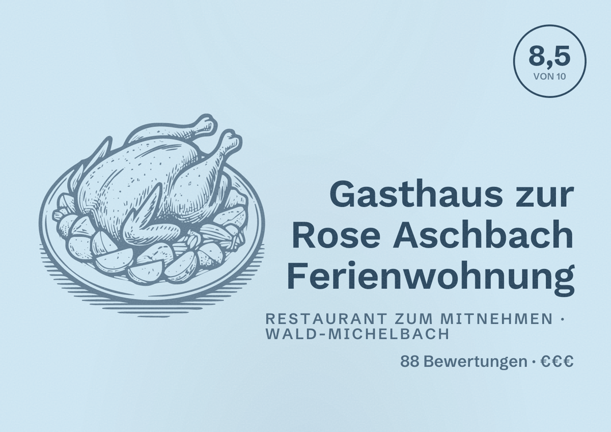 Illustriertes Poster von Gasthaus zur Rose Aschbach Ferienwohnung, Restaurant zum Mitnehmen in Wald-Michelbach: Bewertung 8,5 von 10 aus 88 Bewertungen, Preisniveau €€€