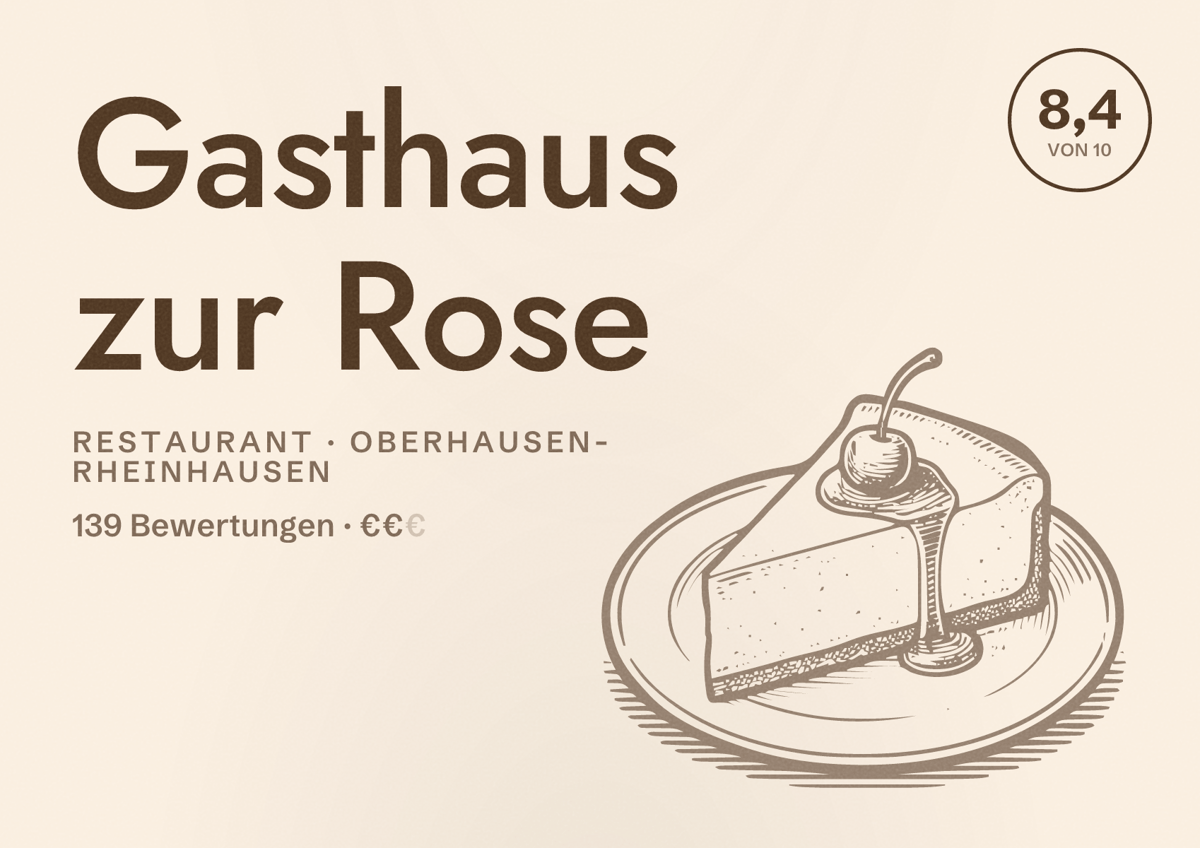 Illustriertes Poster von Gasthaus zur Rose, Restaurant in Oberhausen-Rheinhausen: Bewertung 8,4 von 10 aus 139 Bewertungen, Preisniveau €€