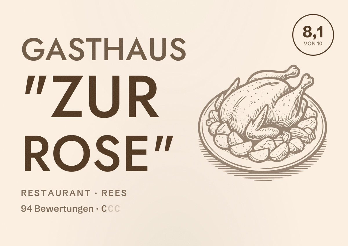 Illustriertes Poster von Gasthaus "Zur Rose", Restaurant in Rees: Bewertung 8,1 von 10 aus 94 Bewertungen, Preisniveau €