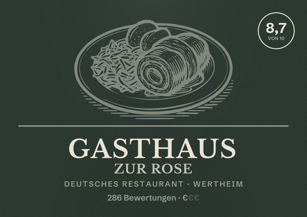 Illustriertes Poster von Gasthaus zur Rose, Deutsches Restaurant in Wertheim: Bewertung 8,7 von 10 aus 286 Bewertungen, Preisniveau €