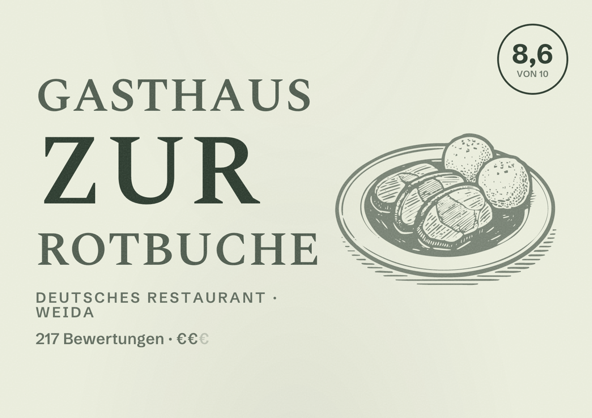 Illustriertes Poster von Gasthaus zur Rotbuche, Deutsches Restaurant in Weida: Bewertung 8,6 von 10 aus 217 Bewertungen, Preisniveau €€
