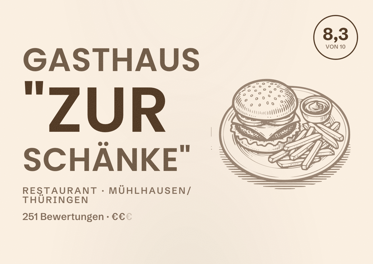 Illustriertes Poster von Gasthaus "Zur Schänke", Restaurant in Mühlhausen/Thüringen: Bewertung 8,3 von 10 aus 251 Bewertungen, Preisniveau €€