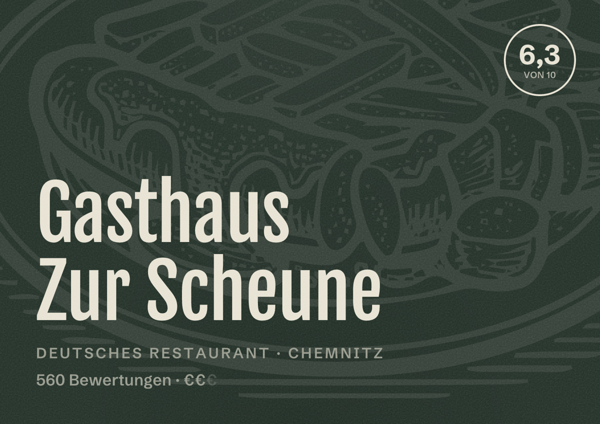 Illustriertes Poster von Gasthaus Zur Scheune, Deutsches Restaurant in Chemnitz: Bewertung 6,3 von 10 aus 560 Bewertungen, Preisniveau €€