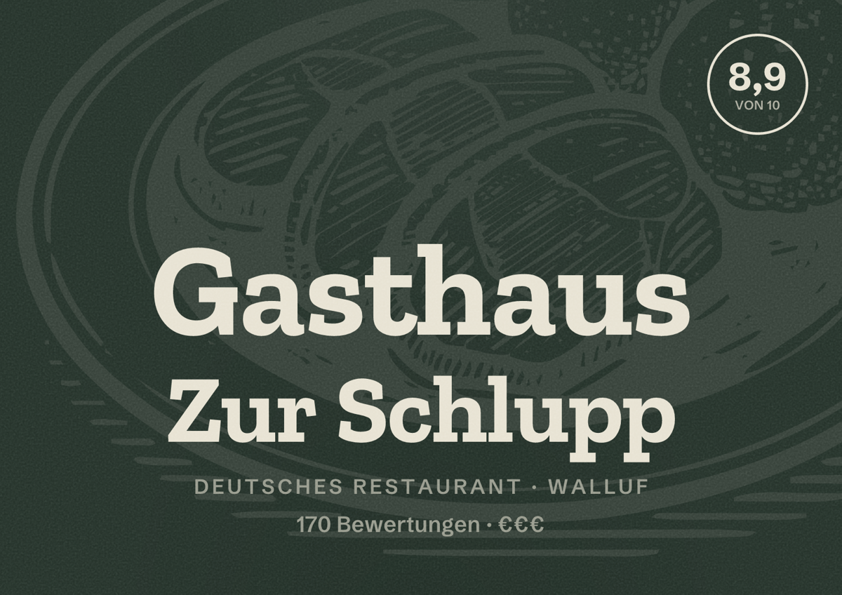 Illustriertes Poster von Gasthaus Zur Schlupp, Deutsches Restaurant in Walluf: Bewertung 8,9 von 10 aus 170 Bewertungen, Preisniveau €€€